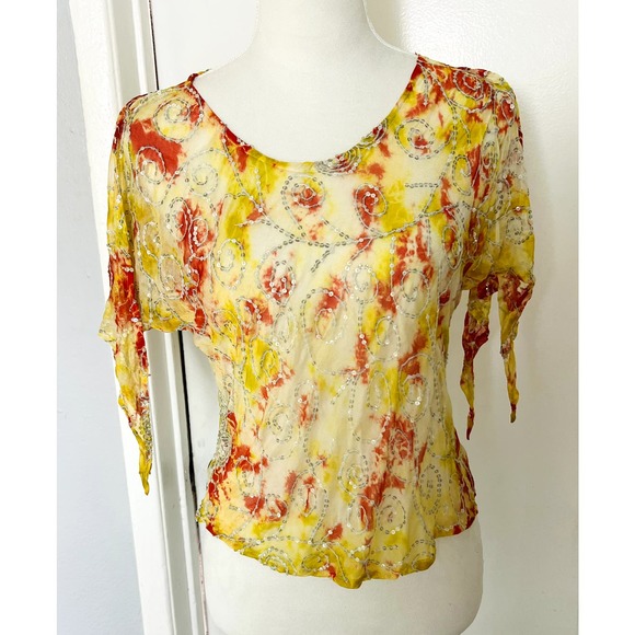 Y2k orange and yellow flowy sequined boho top Small - Picture 1 of 5